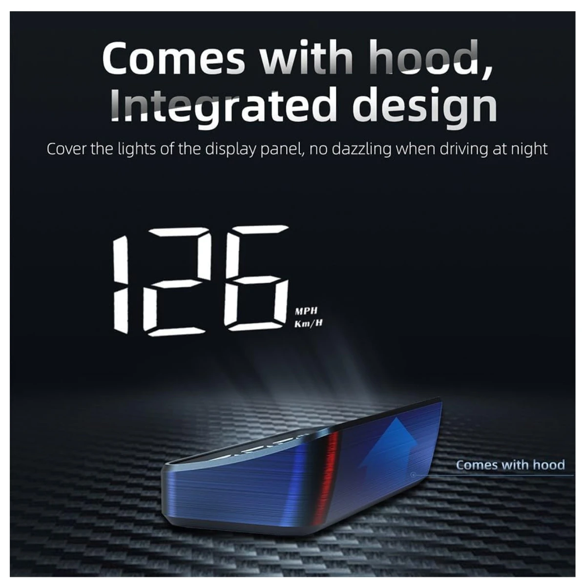 Velocímetro proyector con pantalla digital de 126 km/h, carcasa azul metálico con textura de fibra de carbono y cubierta protectora integrada para evitar deslumbramiento nocturno.