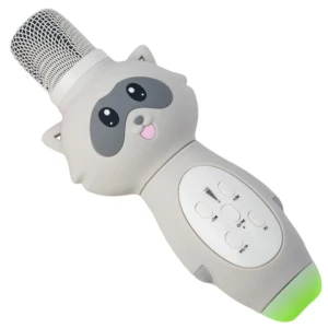 Micrófono infantil K6 con diseño de mapache, carcasa blanca y detalles grises, mango ergonómico con botones de control y base LED verde.