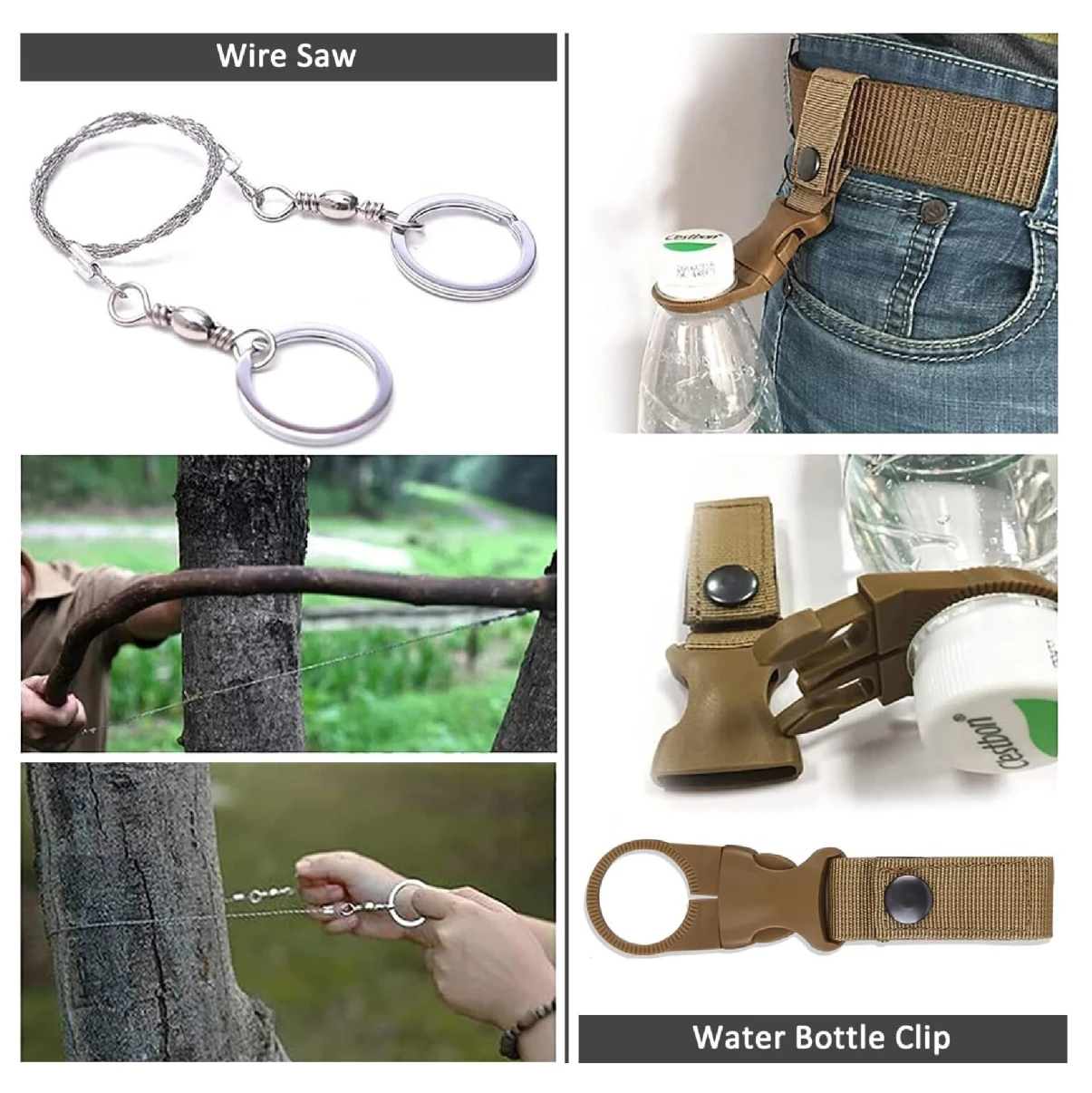 Kit de supervivencia con sierra de alambre y clip para botella, en color caqui, mostrando uso en campo y almacenamiento en pantalón.