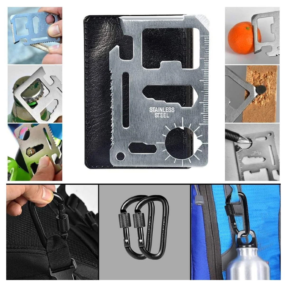 Kit de supervivencia camping en acero inoxidable con brújula, sierra y carabinas, ideal para emergencias y orientación en exteriores.