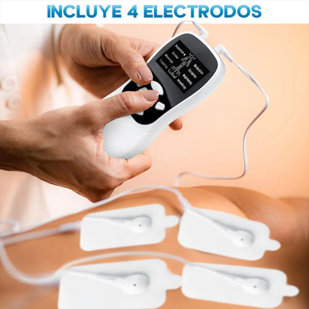 Control remoto blanco con pantalla digital y cuatro electrodos adhesivos conectados por cables, sobre piel humana, para estimulación muscular portátil.