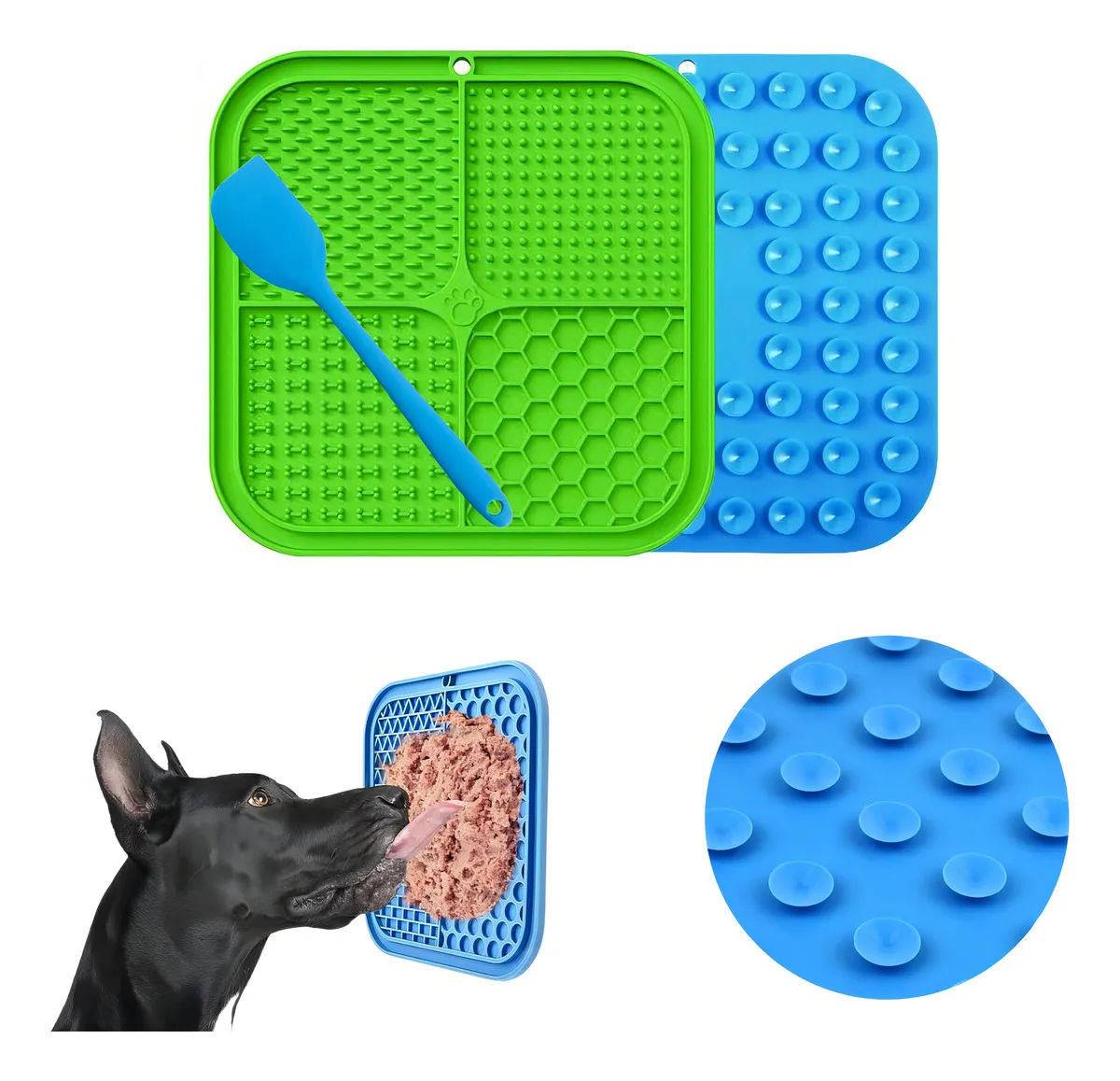 Set de dos comederos de silicona con textura antideslizante y protuberancias para ralentizar la alimentación de mascotas, en verde y azul, con espátula incluida.