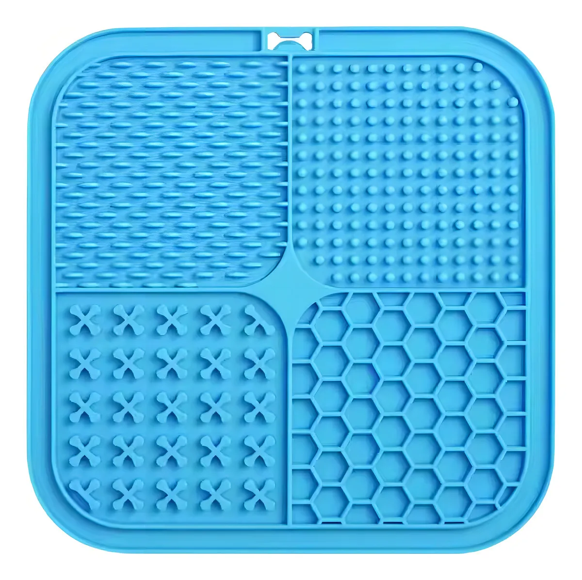 Comedero antiansiedad para mascotas en silicona azul, con cuatro texturas distintas: cuadrícula, puntos, cruces y panal. Diseño cuadrado con asa superior.
