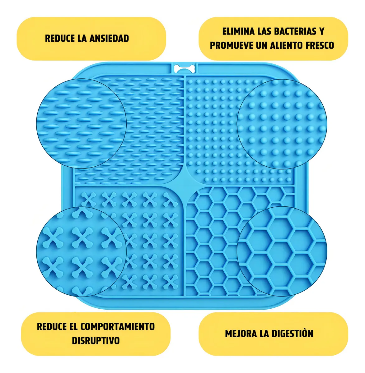 Comedero de silicona azul con cuatro texturas distintas para mascotas, diseñado para ralentizar la alimentación y reducir ansiedad.