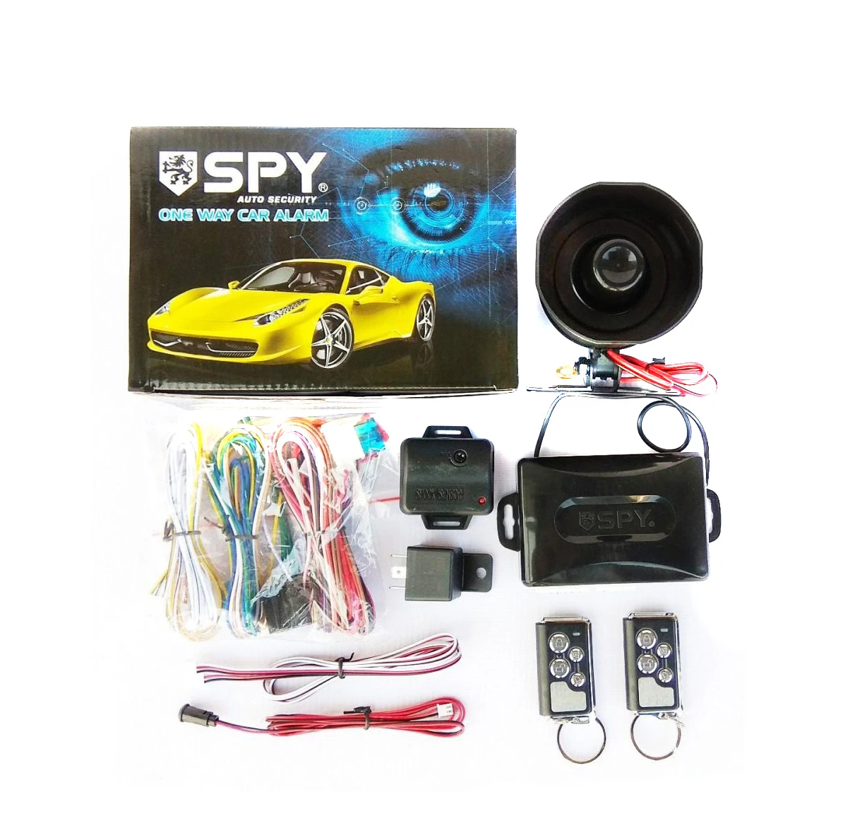 Alarma antirobo Spy con dos controles, bocina, módulo central, cableado y sensores, presentada en caja con diseño de auto amarillo.
