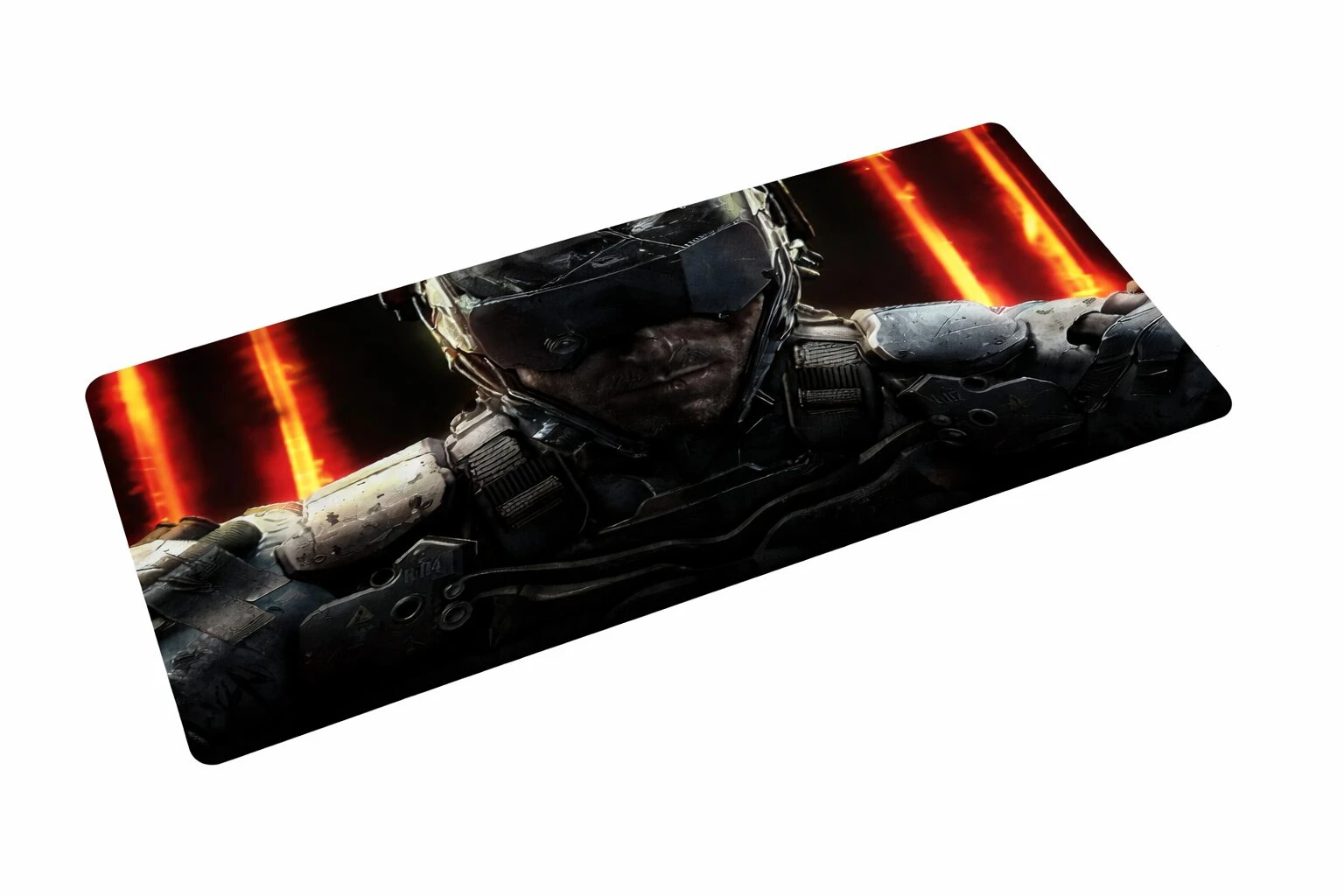 Mousepad gamer XL con diseño de soldado futurista en tonos oscuros y luces rojas, superficie de microfibra antideslizante para escritorio.