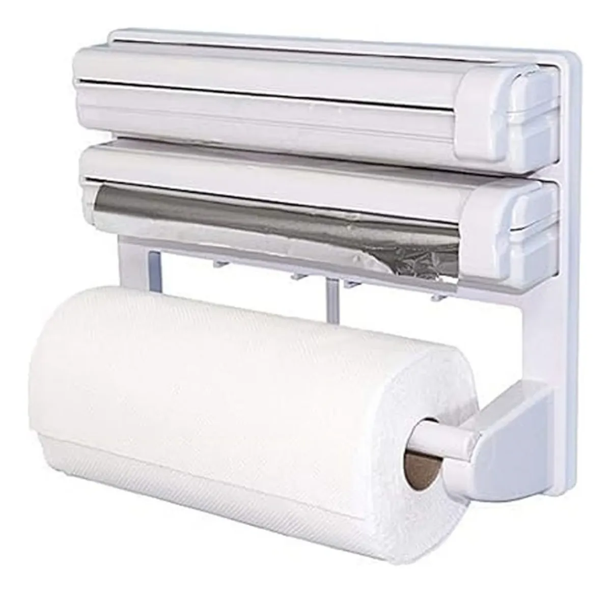 Dispensador blanco de cocina con tres compartimentos: dos para film y aluminio con cuchillas deslizantes, y uno inferior para rollo de papel higiénico o toallas.