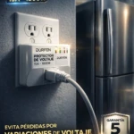 Protector de voltaje Dürfen 15A, color blanco, con cable conectado a enchufe de pared y refrigerador al fondo. Muestra indicador LED y especificaciones técnicas visibles.