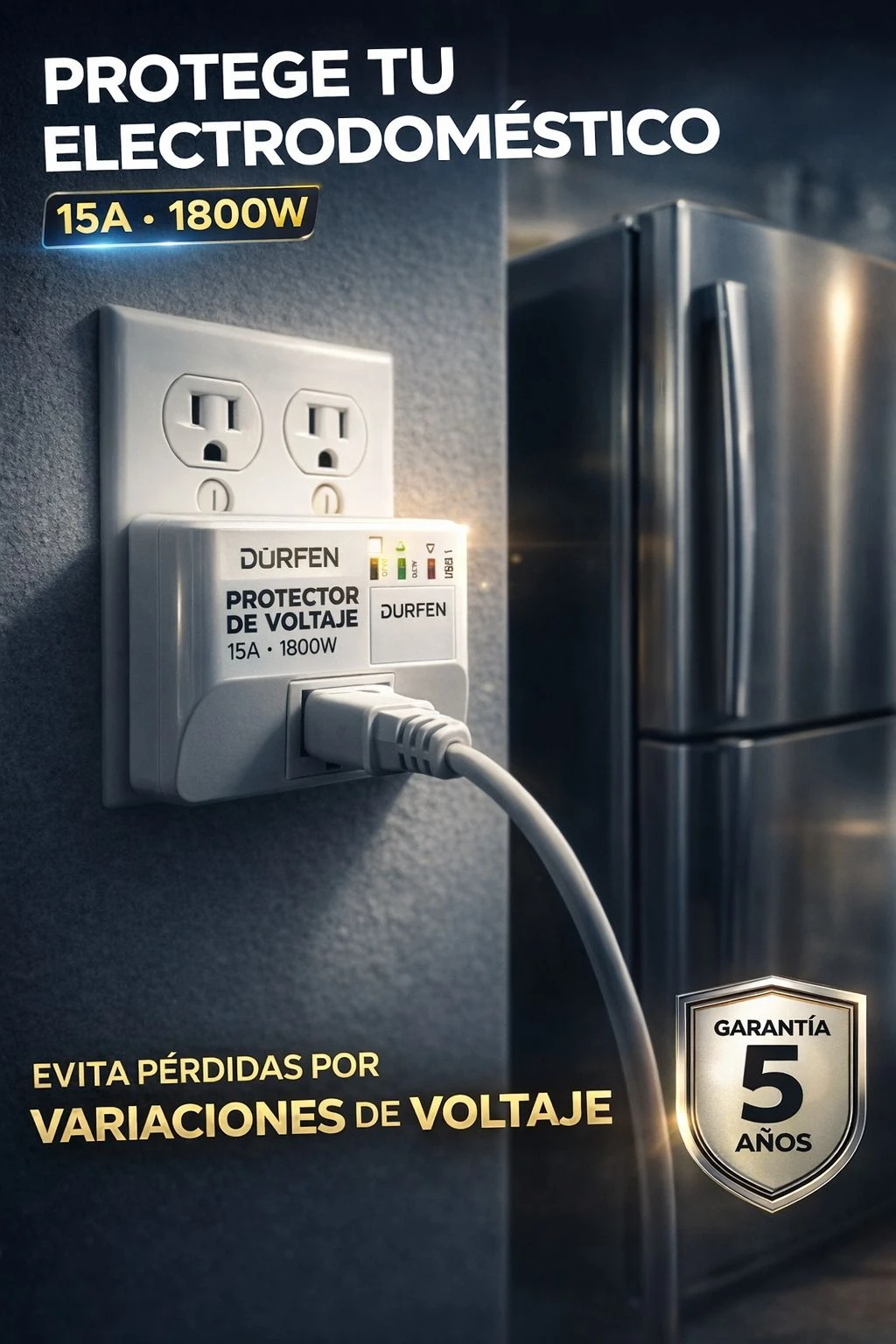 Protector de voltaje Dürfen 15A, color blanco, con cable conectado a enchufe de pared y refrigerador al fondo. Muestra indicador LED y especificaciones técnicas visibles.