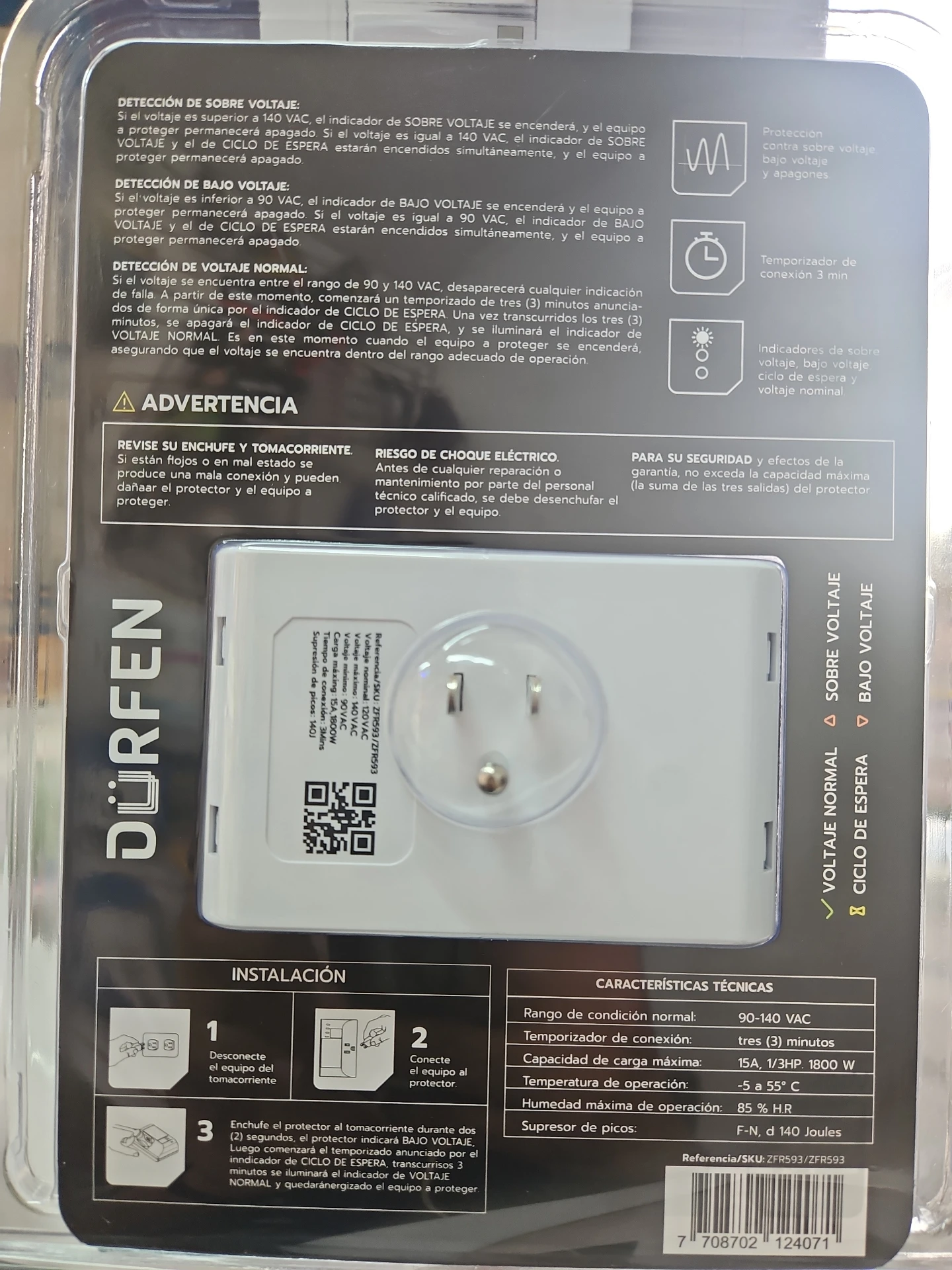 Protector de voltaje Dürfen, color blanco, con enchufe tipo Schuko y etiqueta técnica visible en la parte trasera. Incluye instrucciones de instalación y especificaciones técnicas en la caja.