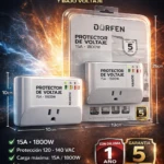 Protector de voltaje Dürfen 15A 1800W, color blanco, con dimensiones 19x10x10 cm, incluye enchufe y cable, protección contra sobretensiones y bajo voltaje.