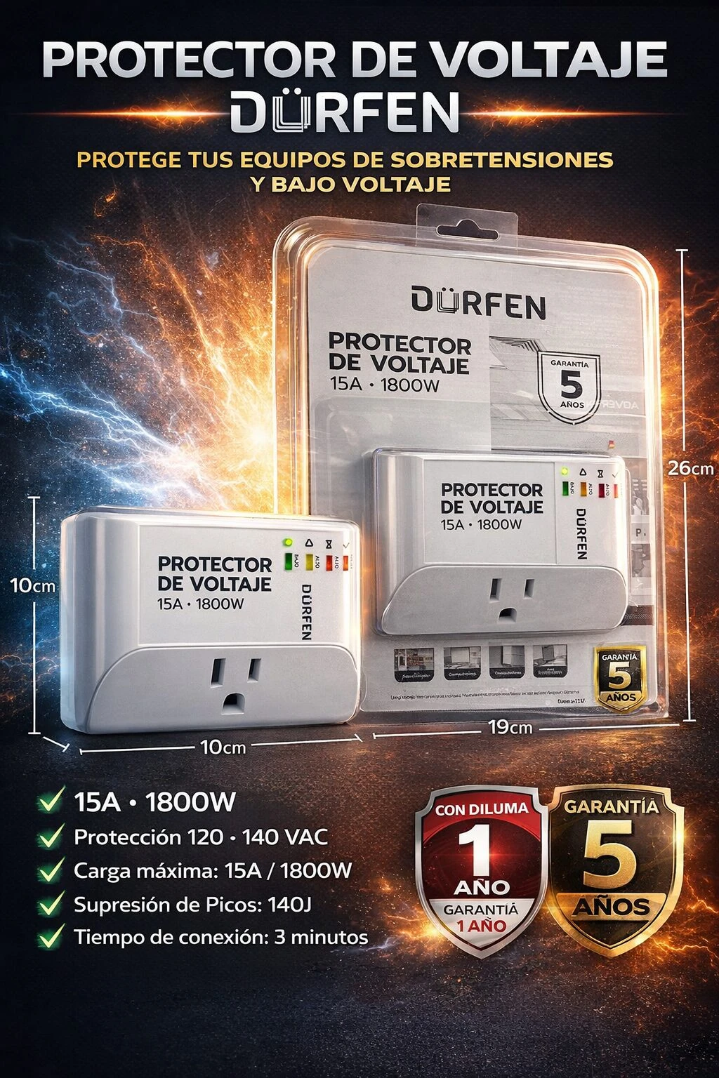 Protector de voltaje Dürfen 15A 1800W, color blanco, con dimensiones 19x10x10 cm, incluye enchufe y cable, protección contra sobretensiones y bajo voltaje.