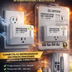 Protector de voltaje Dürfen 15A/1800W en su empaque transparente, mostrando el dispositivo blanco con enchufe y luces de estado, junto a una nevera de acero inoxidable en cocina.