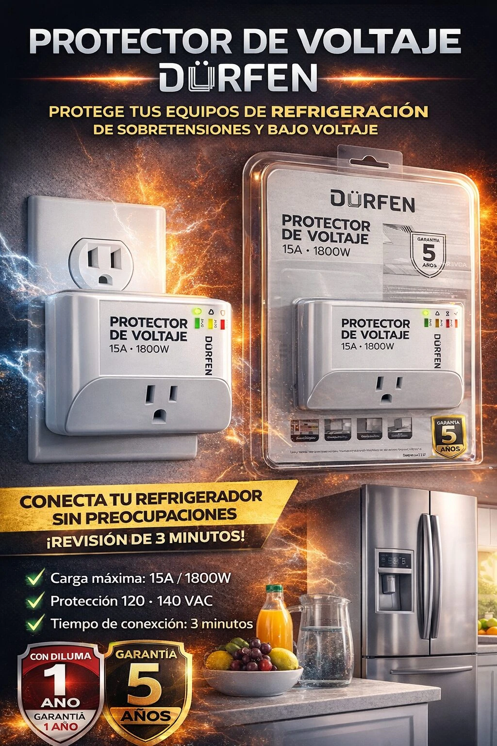 Protector de voltaje Dürfen 15A/1800W en su empaque transparente, mostrando el dispositivo blanco con enchufe y luces de estado, junto a una nevera de acero inoxidable en cocina.