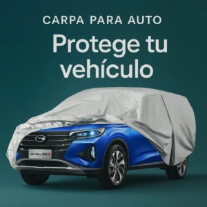 Carpa gris para auto azul, modelo All New GS4, con tela resistente al agua. Cubre vehículo desde frente hasta techo, mostrando detalles como faros, llantas y emblema frontal.