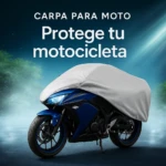 Carpa protectora gris sobre motocicleta azul, con tela resistente al agua. Cubre completamente el vehículo en entorno nocturno con iluminación ambiental.