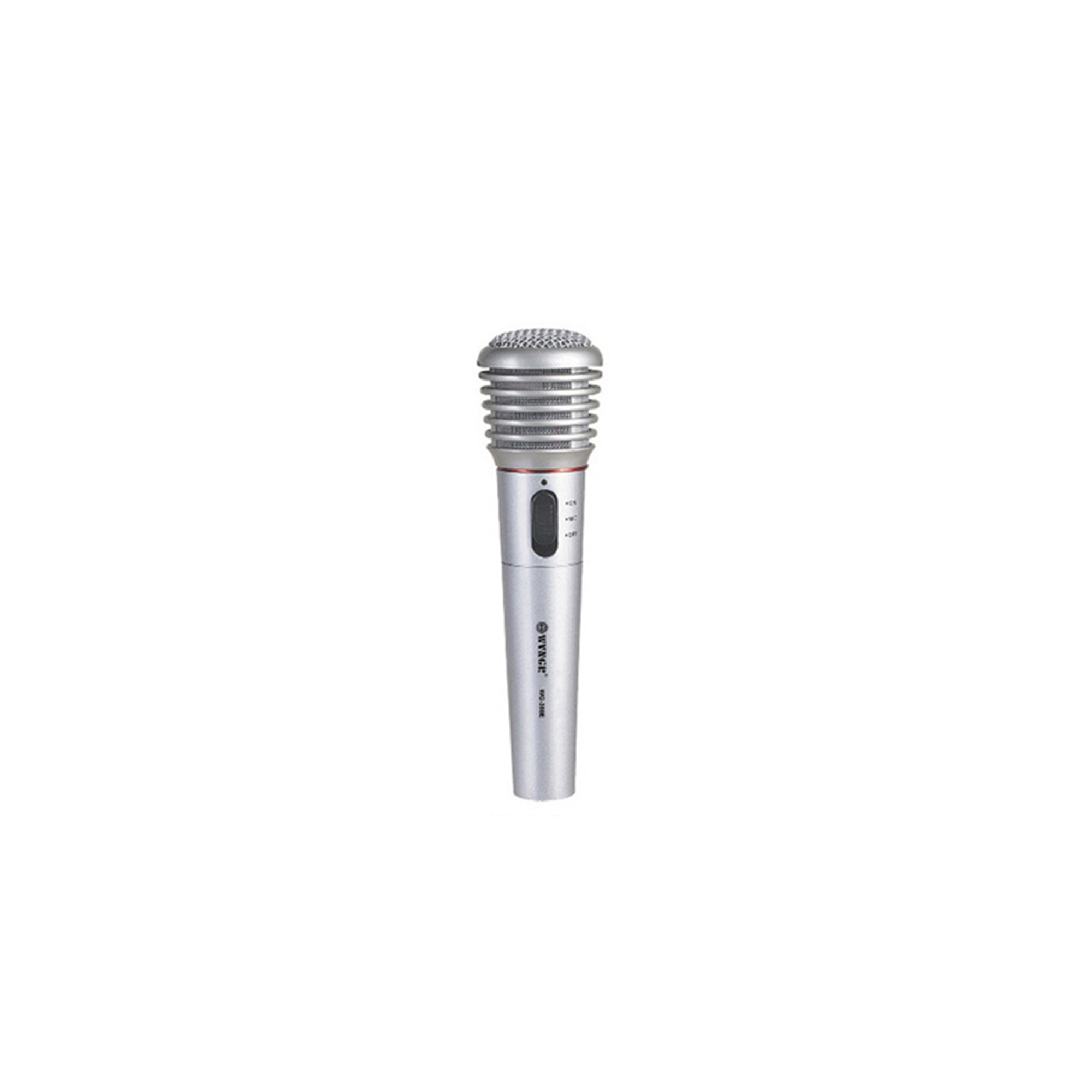 Micrófono inalámbrico WVNGR WG-388E ergonómico en color plateado, con rejilla metálica y panel de control lateral, ideal para karaoke y presentaciones.