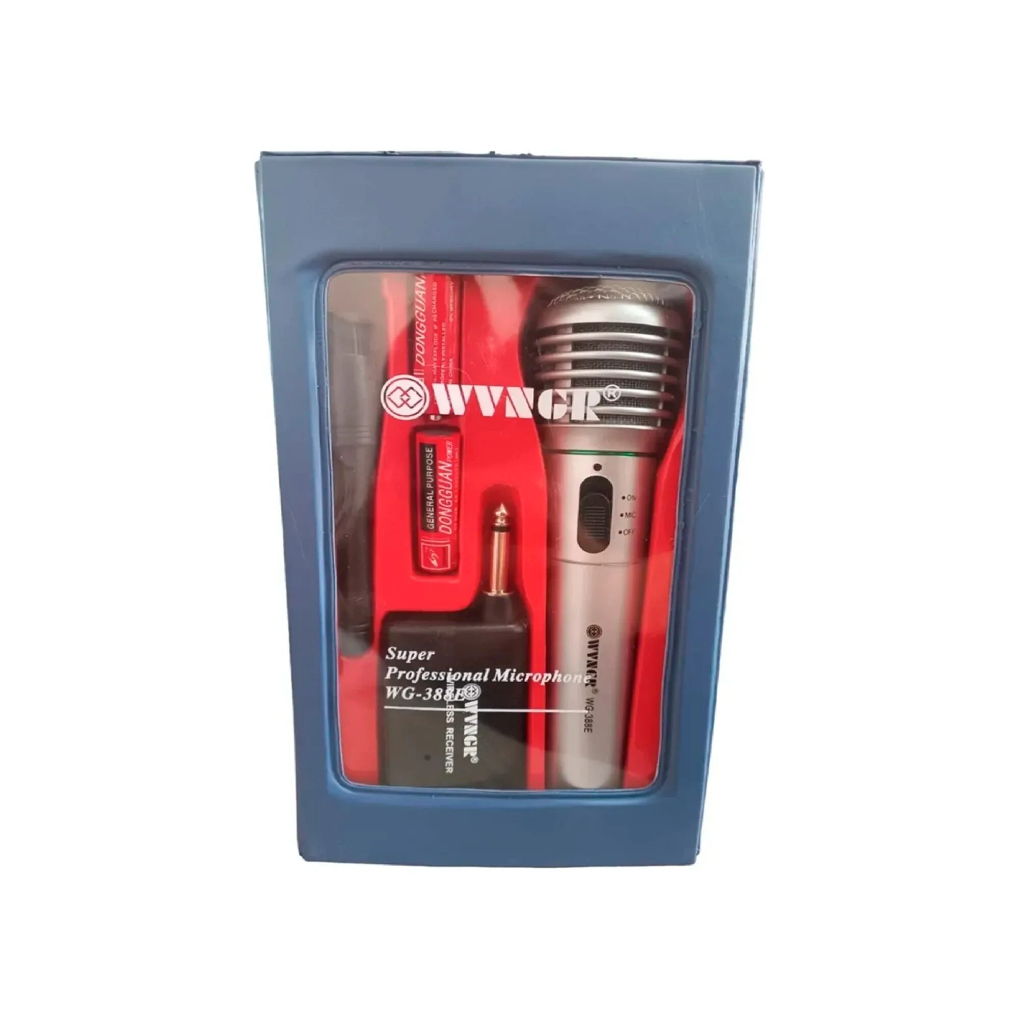 Micrófono inalámbrico WVNGR WG-388E en caja azul con ventana transparente, mostrando el micrófono plateado, receptor negro, cable y accesorios sobre fondo rojo.