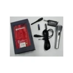 Micrófono inalámbrico WVNGR WG-388E ergonómico en color plateado, con su caja de presentación roja, cable de conexión, batería y receptor.