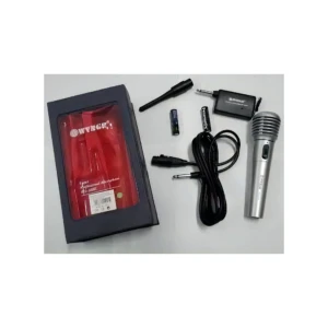 Micrófono inalámbrico WVNGR WG-388E ergonómico en color plateado, con su caja de presentación roja, cable de conexión, batería y receptor.