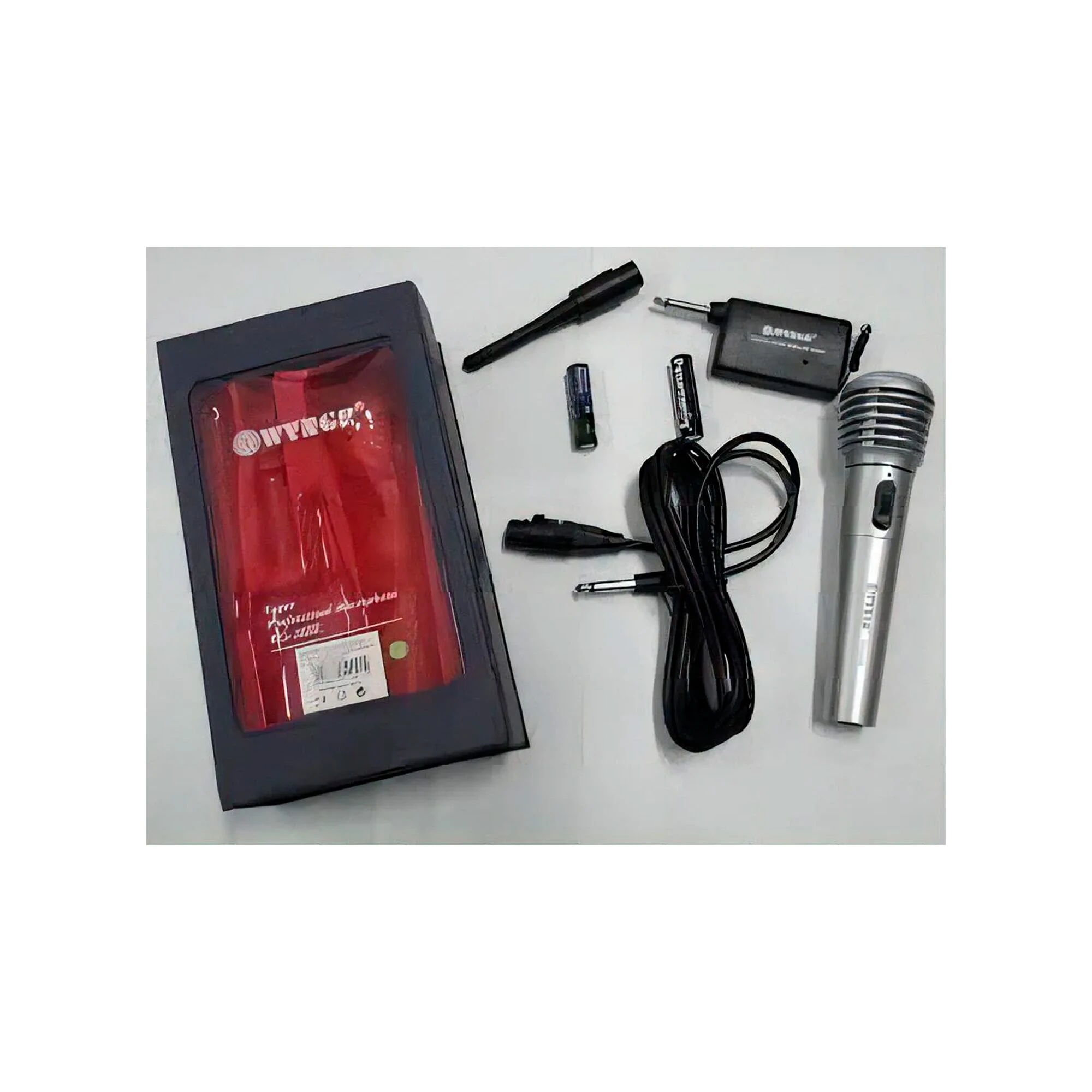 Micrófono inalámbrico WVNGR WG-388E ergonómico en color plateado, con su caja de presentación roja, cable de conexión, batería y receptor.