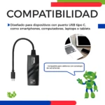 Adaptador USB C a Ethernet negro con cable flexible, diseñado para conectar smartphones y tablets a redes de internet. Incluye de dispositivos compatibles y personaje verde explicando su función.