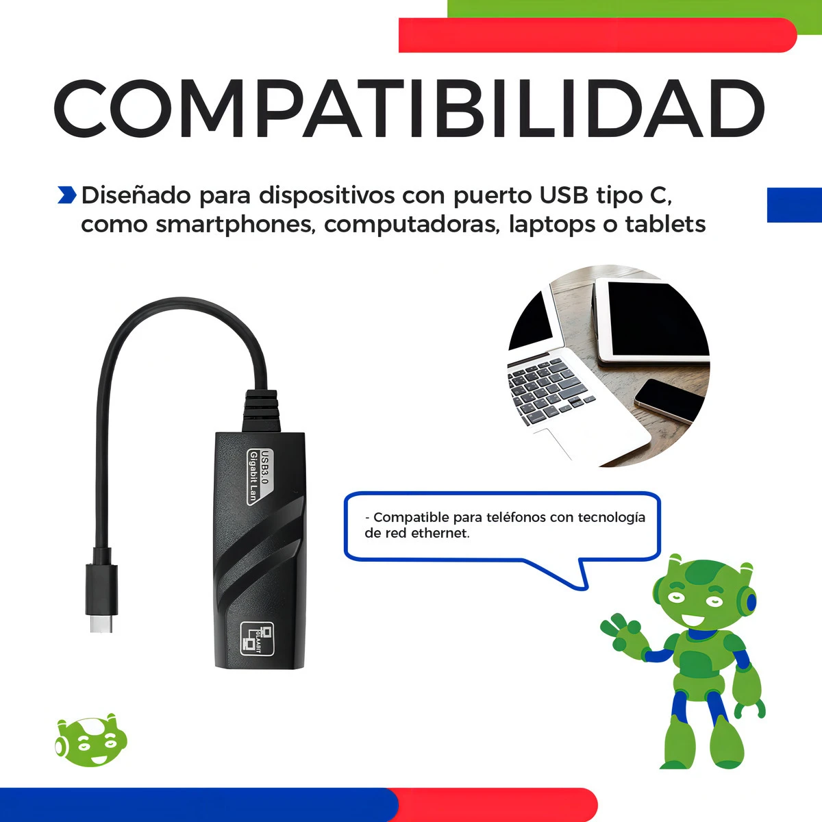 Adaptador USB C a Ethernet negro con cable flexible, diseñado para conectar smartphones y tablets a redes de internet. Incluye de dispositivos compatibles y personaje verde explicando su función.