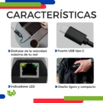 Adaptador USB C a Ethernet portátil negro, con puerto tipo C, indicadores LED y diseño compacto para conexión móvil estable.