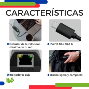Adaptador USB C a Ethernet portátil negro, con puerto tipo C, indicadores LED y diseño compacto para conexión móvil estable.