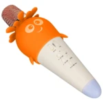 Micrófono K5 ergonómico para niños en color naranja con forma de personaje sonriente, mango blanco y punta azul, diseñado para uso seguro y divertido.