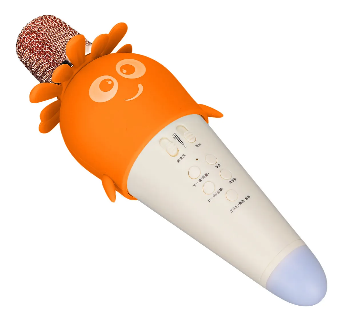 Micrófono K5 ergonómico para niños en color naranja con forma de personaje sonriente, mango blanco y punta azul, diseñado para uso seguro y divertido.