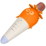 Micrófono infantil naranja con forma de sol, diseño ergonómico para niños, incluye botones de control en cuerpo blanco y rejilla metálica en la punta.