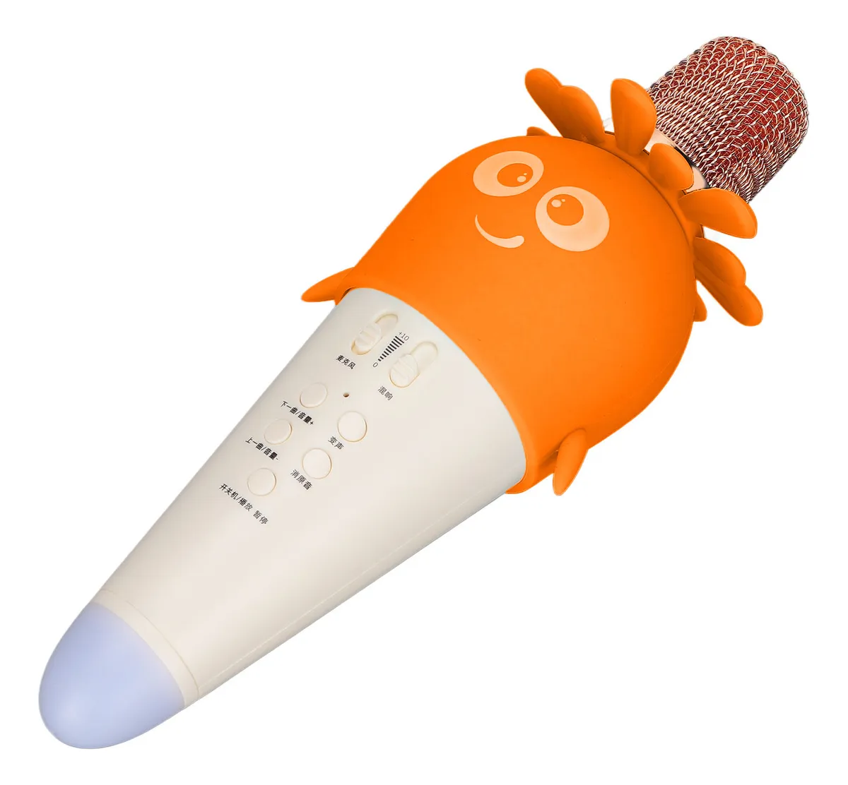 Micrófono infantil naranja con forma de sol, diseño ergonómico para niños, incluye botones de control en cuerpo blanco y rejilla metálica en la punta.