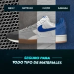 Pack de limpieza para tenis compatible con malla, nutbuck, cuero y gamuza, mostrando zapatilla Nike en cuatro texturas distintas.