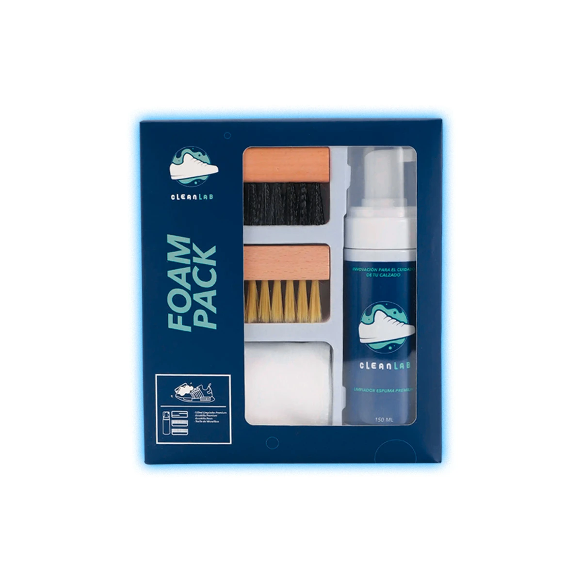 Pack de limpieza para tenis de la marca CleanLab, en caja azul con ventana transparente que muestra dos cepillos, un paño blanco y un aerosol.