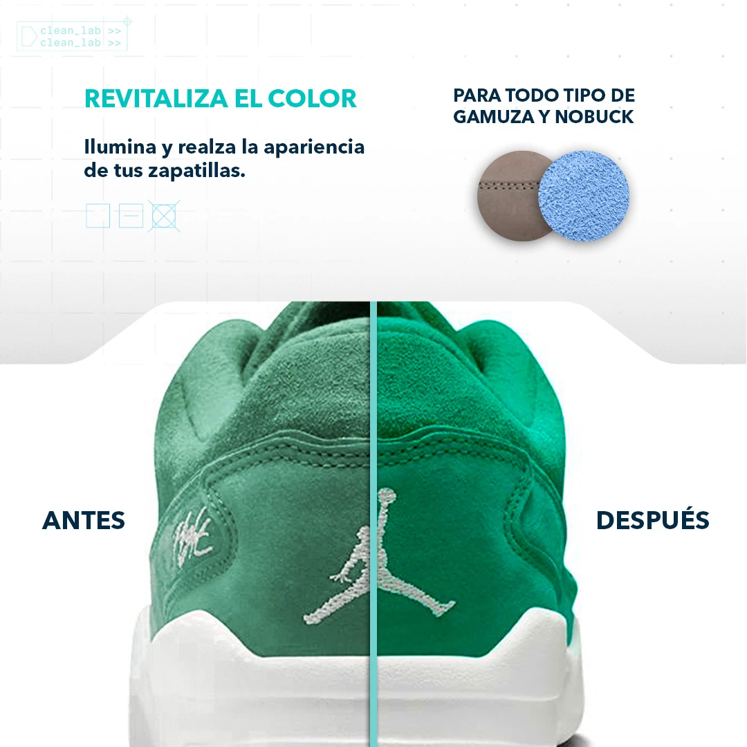 Vista trasera de zapatilla verde con logo Jumpman, mostrando contraste antes y después del uso del Pack Gamuza Pro para limpieza de gamuza y nobuck.
