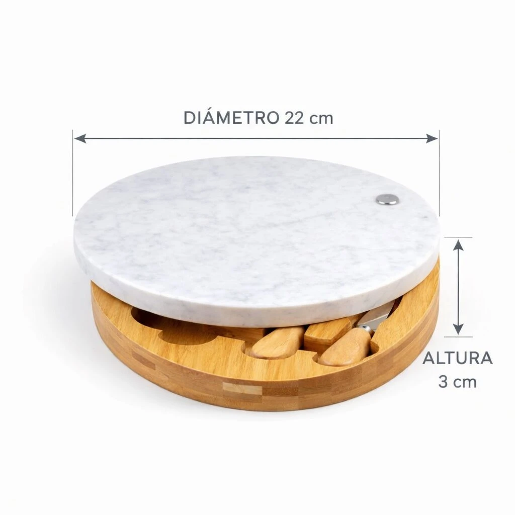 Tabla redonda de quesos con superficie de mármol blanco y base de bambú, incluye utensilios integrados; mide 22 cm de diámetro y 3 cm de altura.