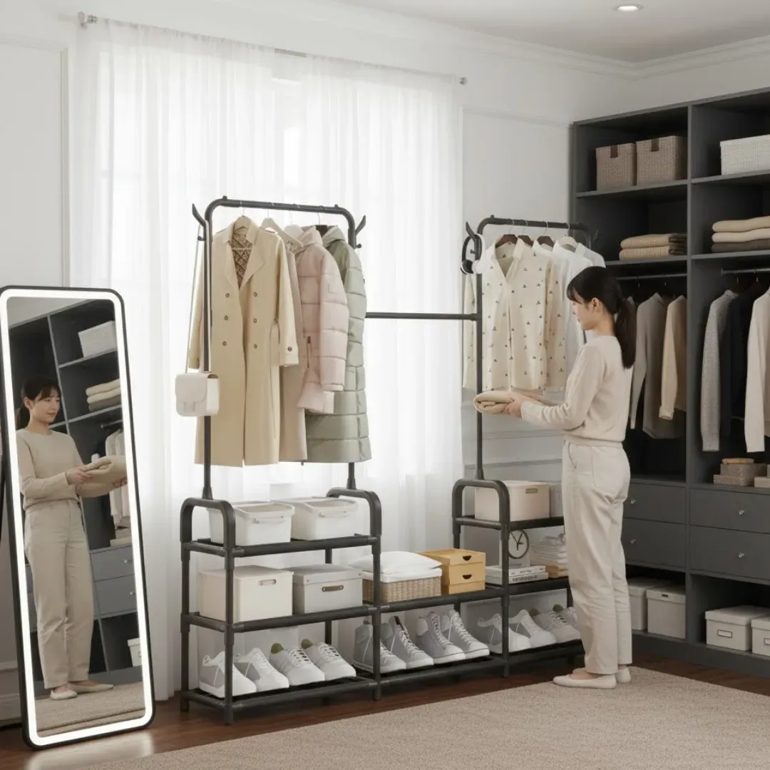 Perchero de metal negro con tres niveles: ganchos superiores para abrigos y estantes inferiores para zapatos y cajas organizadoras.