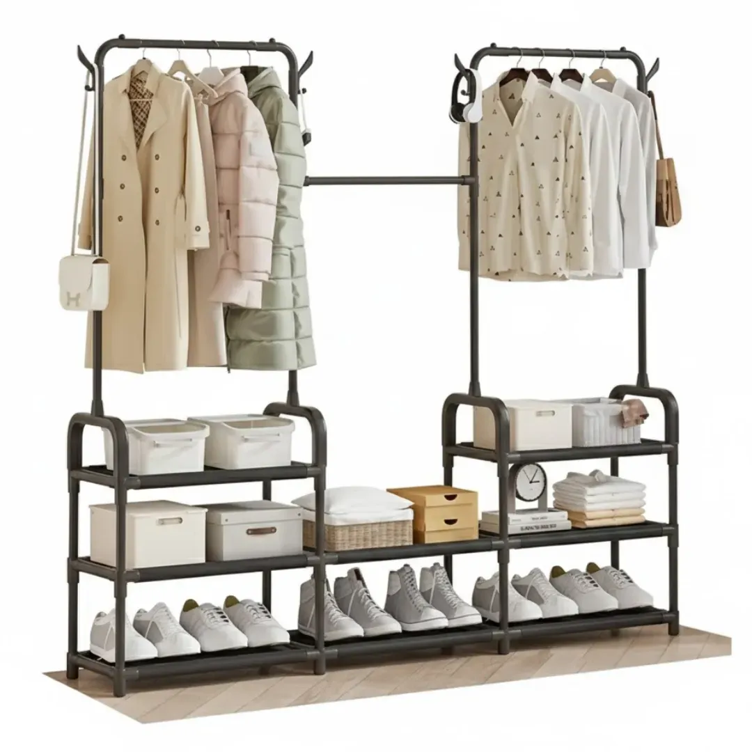 Perchero de metal negro con tres niveles, ganchos superiores y estantes inferiores para zapatos y cajas organizadoras.