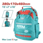 Mochila industrial azul turquesa con detalles rojos, dimensiones 380x170x460 mm, capacidad de carga 8 kg, incluye logotipo TOTAL y bolsillos laterales.