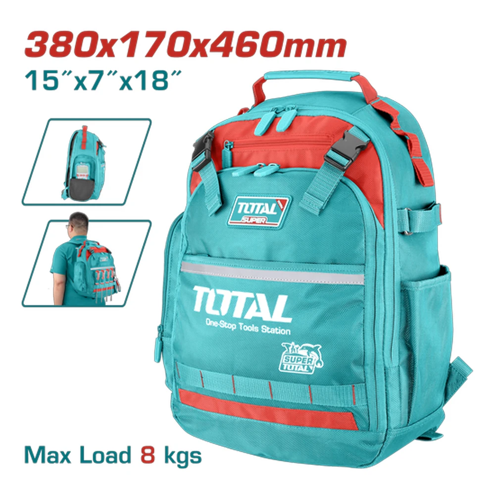 Mochila industrial azul turquesa con detalles rojos, dimensiones 380x170x460 mm, capacidad de carga 8 kg, incluye logotipo TOTAL y bolsillos laterales.