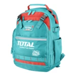 Mochila industrial de color turquesa con detalles rojos, marca Total, diseñada para transporte de herramientas pesadas.