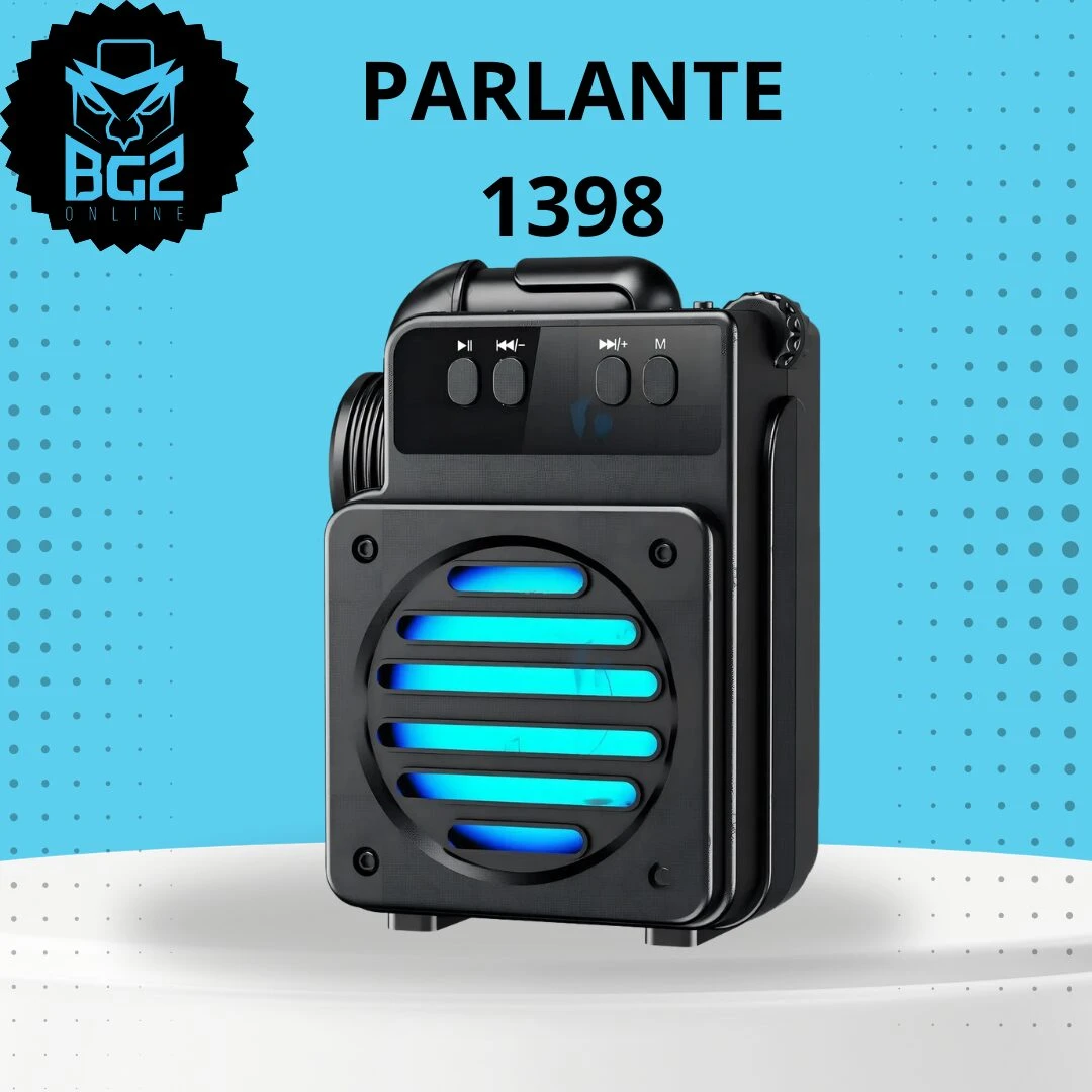 Parlante Bluetooth GTS 1398 en color negro, con luces LED azules visibles en la rejilla frontal y controles táctiles en la parte superior.