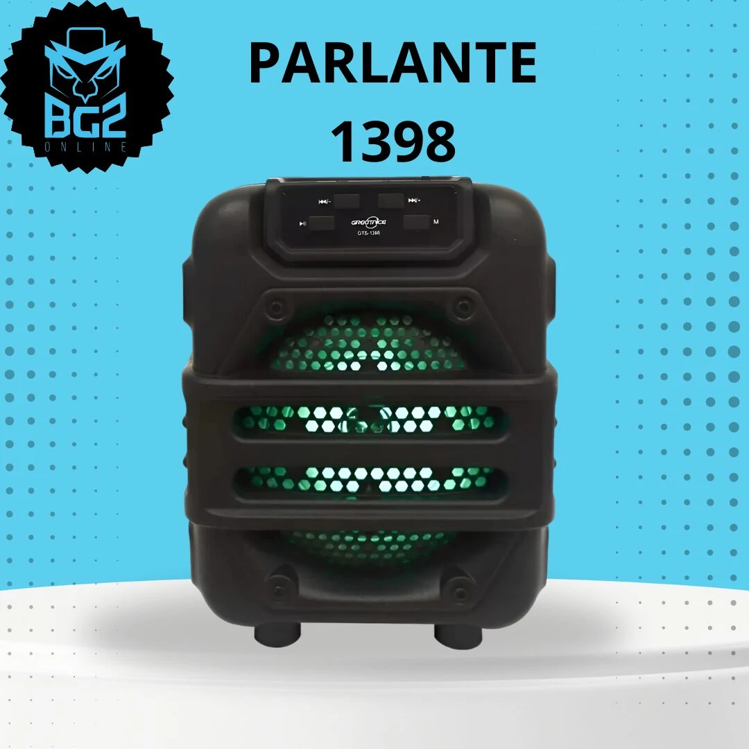 Parlante Bluetooth GTS 1398 negro con luces LED verdes y rejillas horizontales, sobre fondo azul claro con logo BG2 Online arriba a la izquierda.