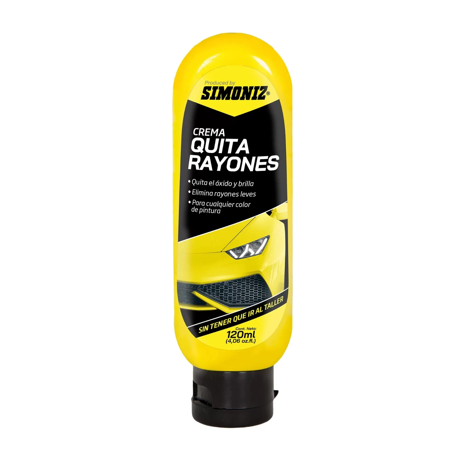 Botella amarilla de 120 ml de crema quitarañones Simoniz para autos y motos, con etiqueta negra que muestra faro de vehículo y texto descriptivo en español.