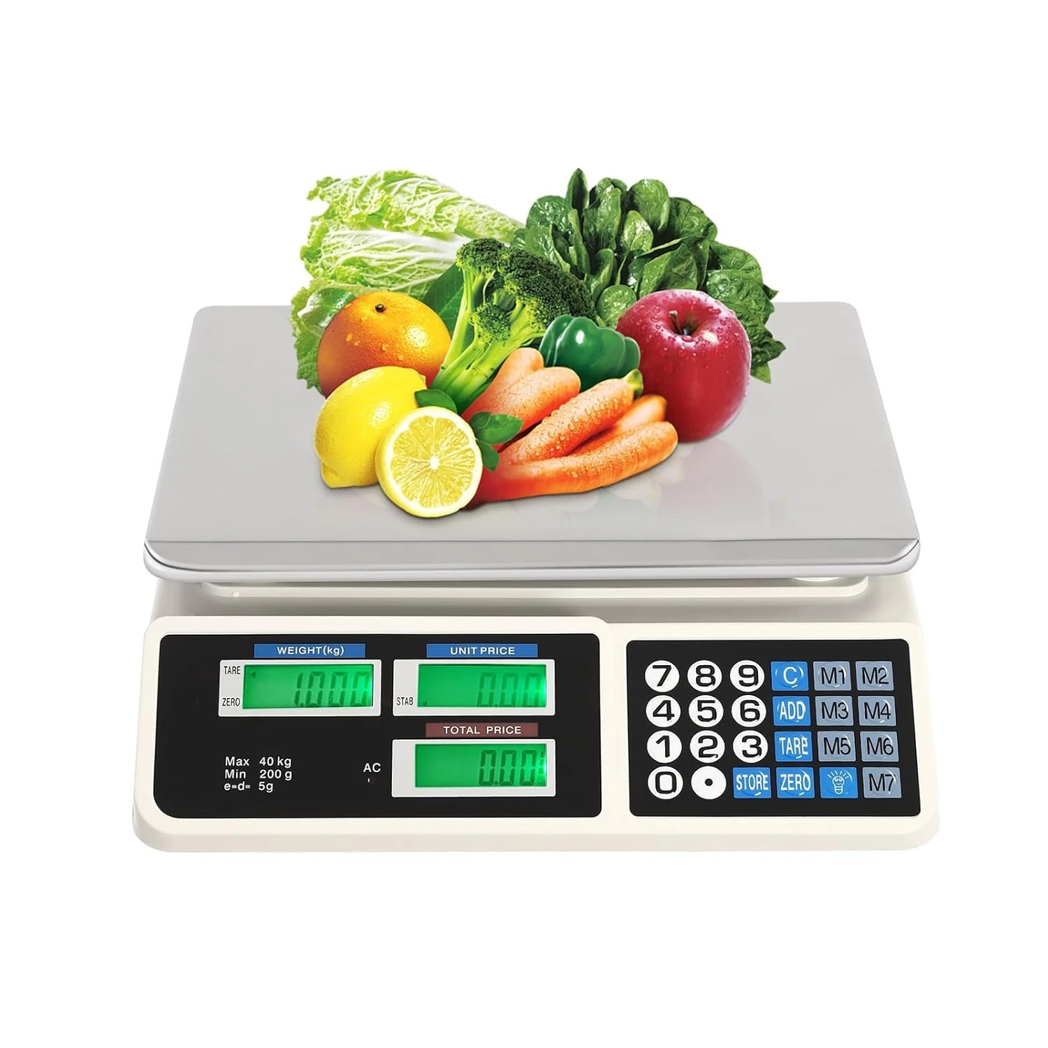 Bascula de mesa digital de 40 kg con pantalla LCD y teclado numérico, mostrando vegetales frescos sobre su plataforma gris.