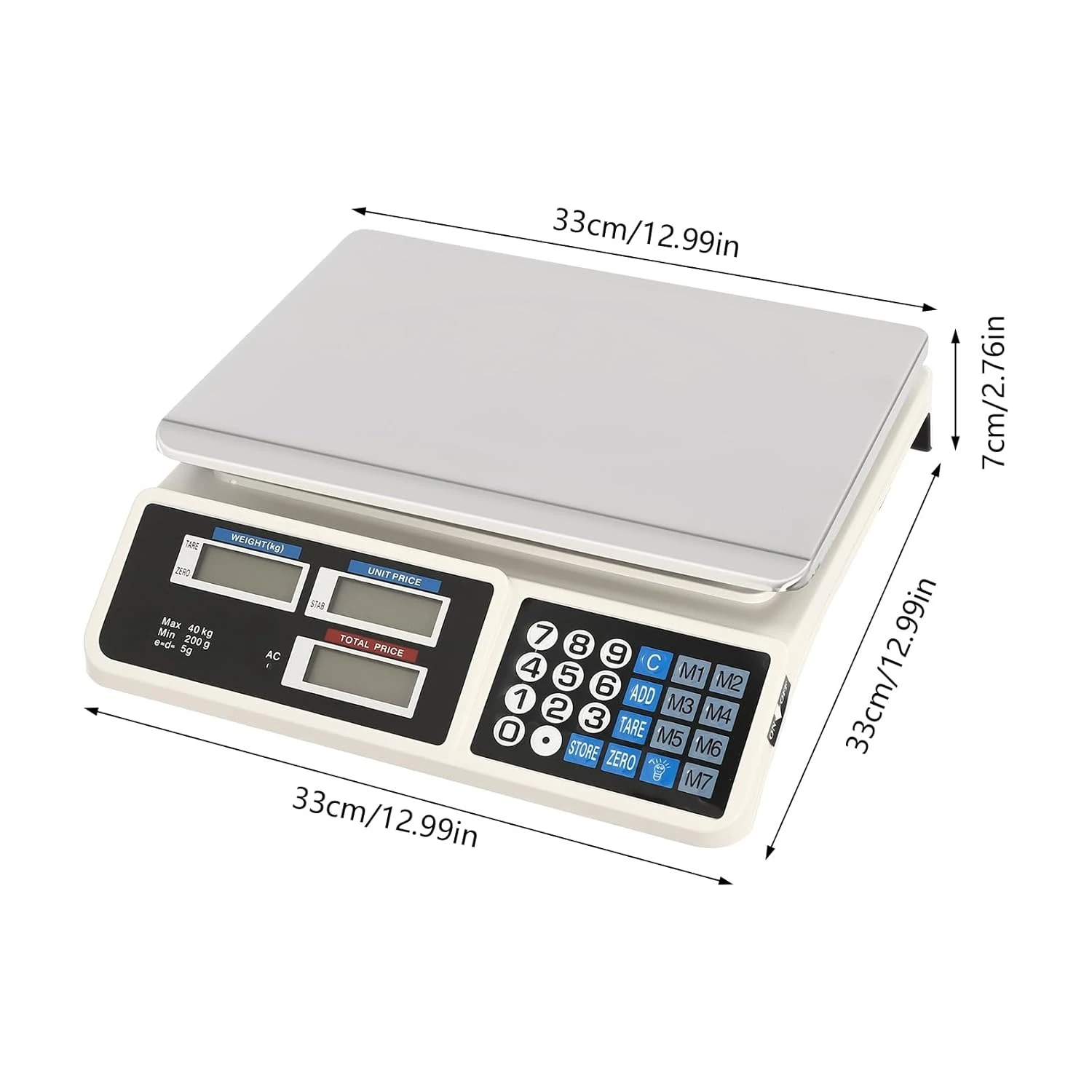 Báscula de mesa digital blanca con plataforma metálica, panel de control con teclado numérico y tres pantallas LCD; dimensiones visibles: 33 cm de largo por 33 cm de ancho y 7 cm de altura.