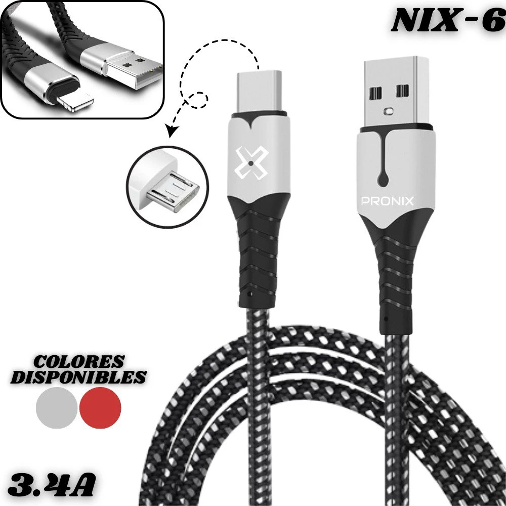 Cable cargador Pronix Nix-6 de 3.4A con conectores USB-A y micro USB, revestimiento trenzado negro y blanco, disponible en gris y rojo.