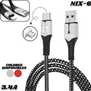 Cable cargador Pronix Nix-6 de 3.4A con conectores USB-A y micro USB, acabado negro con textura trenzada y detalles en blanco.