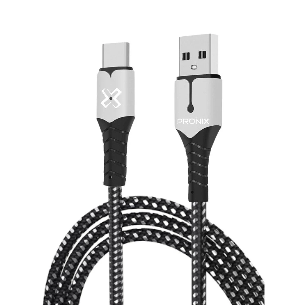 Cable cargador Pronix Nix-6 con conectores USB-A y USB-C, carcasa blanca y negro, textura trenzada y logo visible en ambos extremos.